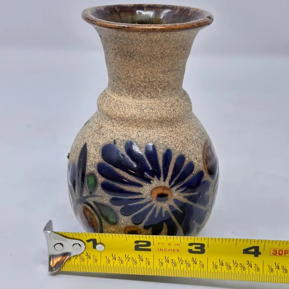 Vintage Tonala Mexican Pottery Vase Signed EM Mex Hand Painted Folk Art 4.75x3
